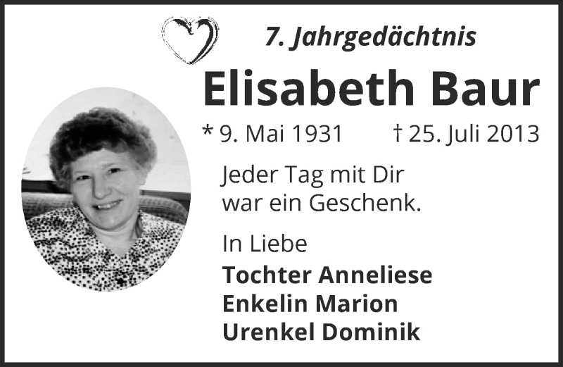  Traueranzeige für Elisabeth Baur vom 31.07.2020 aus  Kölner Wochenspiegel 