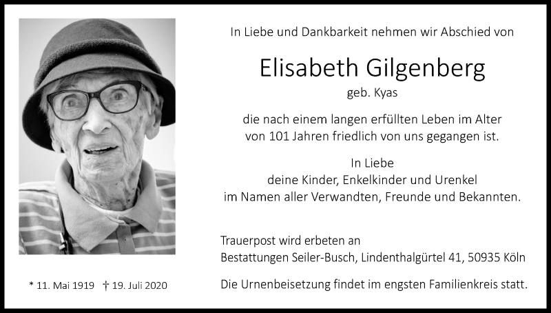  Traueranzeige für Elisabeth Gilgenberg vom 25.07.2020 aus Kölner Stadt-Anzeiger / Kölnische Rundschau / Express