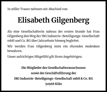 Anzeige von Elisabeth Gilgenberg von Kölner Stadt-Anzeiger / Kölnische Rundschau / Express