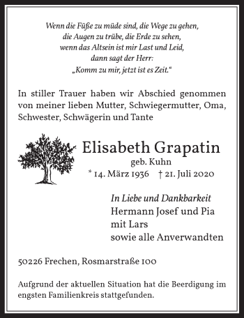 Anzeige von Elisabeth Grapatin von  Wochenende 
