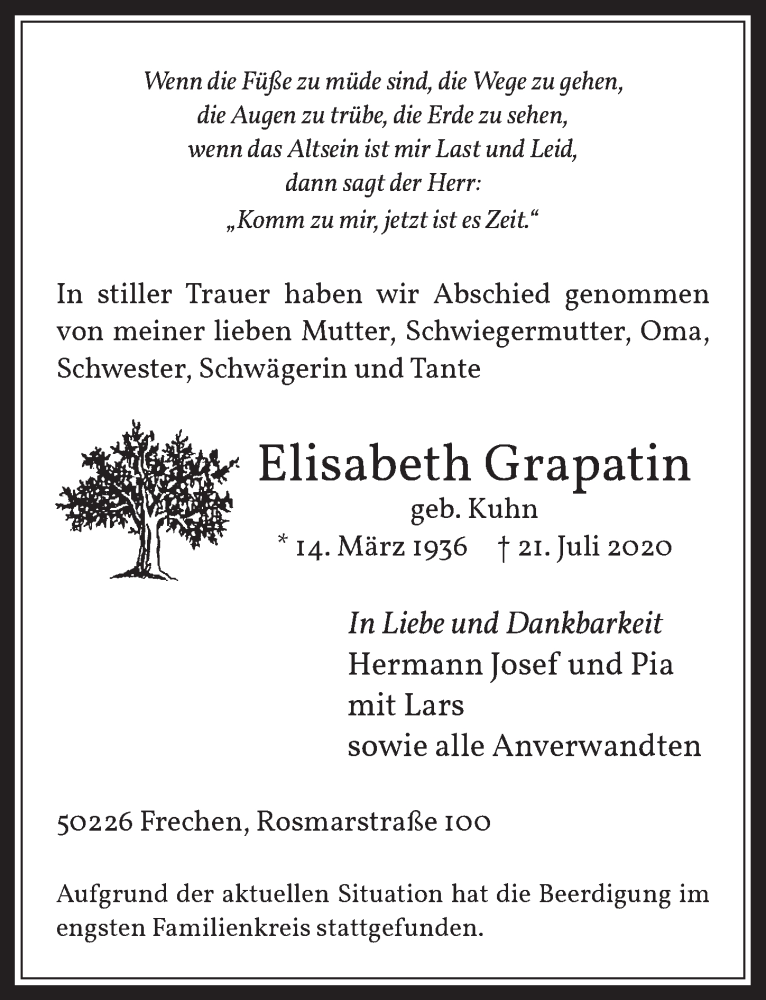  Traueranzeige für Elisabeth Grapatin vom 31.07.2020 aus  Wochenende 