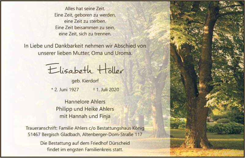  Traueranzeige für Elisabeth Höller vom 10.07.2020 aus  Bergisches Handelsblatt 
