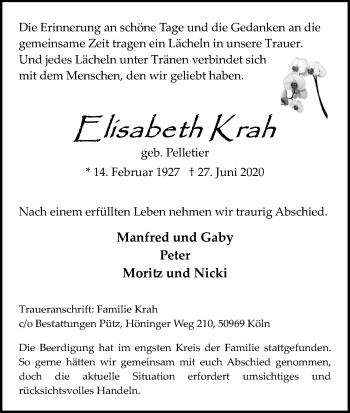 Anzeige von Elisabeth Krah von Kölner Stadt-Anzeiger / Kölnische Rundschau / Express
