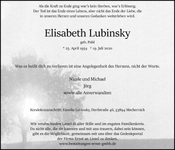 Anzeige von Elisabeth Lubinsky von  Blickpunkt Euskirchen 