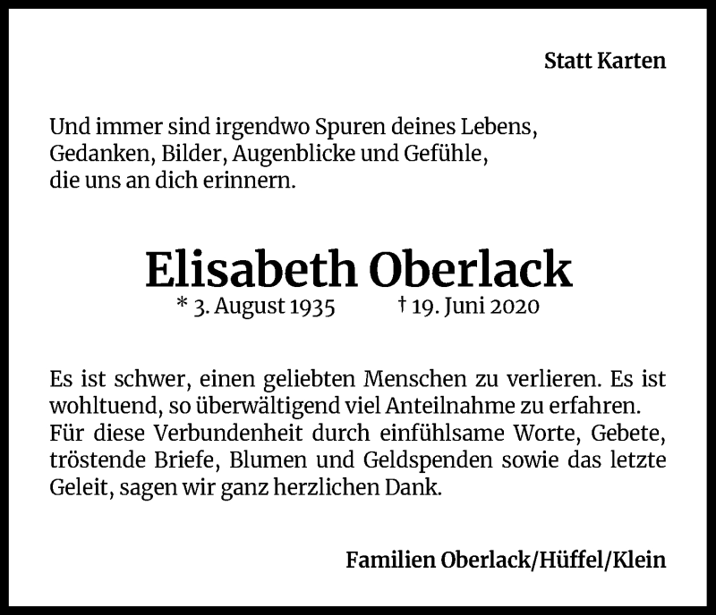  Traueranzeige für Elisabeth Oberlack vom 11.07.2020 aus Kölner Stadt-Anzeiger / Kölnische Rundschau / Express