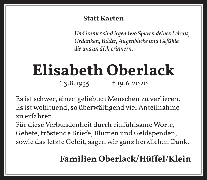  Traueranzeige für Elisabeth Oberlack vom 10.07.2020 aus  Werbepost 