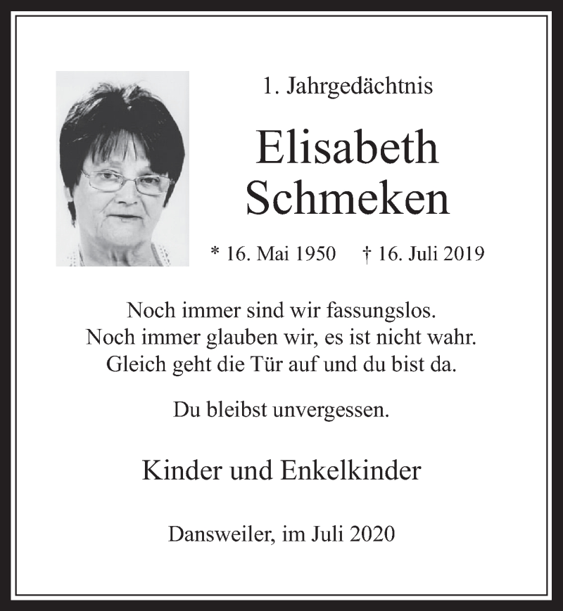  Traueranzeige für Elisabeth Schmeken vom 10.07.2020 aus  Wochenende 