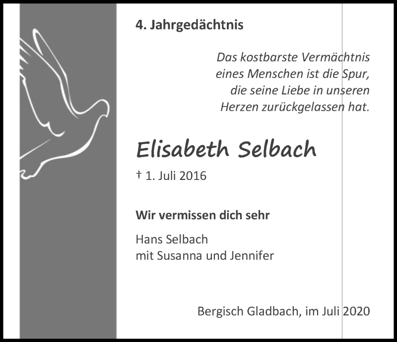  Traueranzeige für Elisabeth Selbach vom 04.07.2020 aus Kölner Stadt-Anzeiger / Kölnische Rundschau / Express