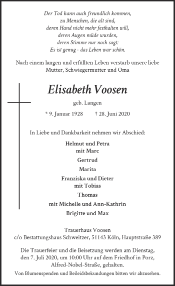 Anzeige von Elisabeth Voosen von  Kölner Wochenspiegel 