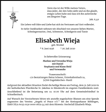 Anzeige von Elisabeth Wieja von Kölner Stadt-Anzeiger / Kölnische Rundschau / Express