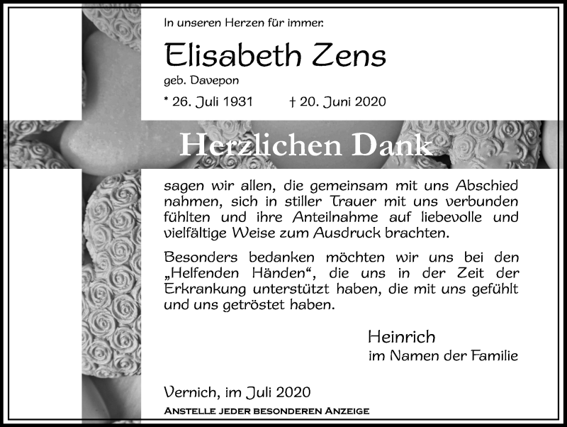  Traueranzeige für Elisabeth Zens vom 25.07.2020 aus  Blickpunkt Euskirchen 
