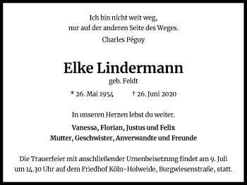 Anzeige von Elke Lindermann von Kölner Stadt-Anzeiger / Kölnische Rundschau / Express