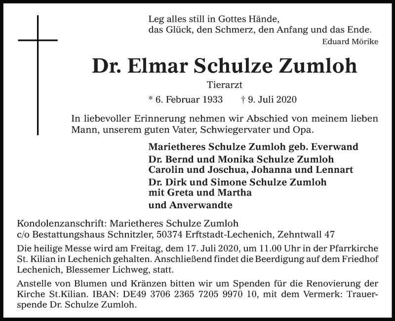  Traueranzeige für Elmar Schulze Zumloh vom 14.07.2020 aus Kölner Stadt-Anzeiger / Kölnische Rundschau / Express