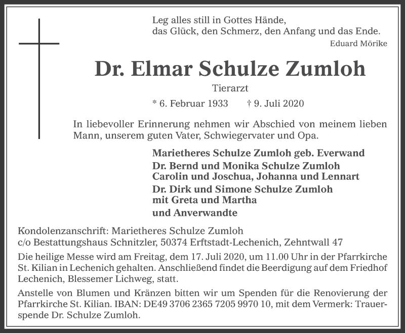  Traueranzeige für Elmar Schulze Zumloh vom 17.07.2020 aus  Werbepost 
