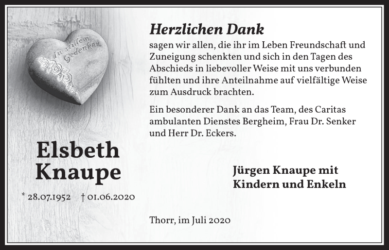  Traueranzeige für Elsbeth Knaupe vom 17.07.2020 aus  Werbepost 