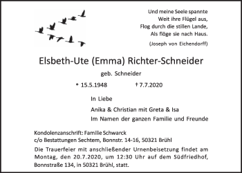 Anzeige von Elsbeth-Ute Richter-Schneider von  Schlossbote/Werbekurier 