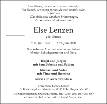 Anzeige von Else Lenzen von  Kölner Wochenspiegel 