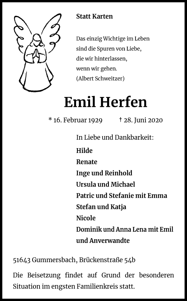  Traueranzeige für Emil Herfen vom 07.07.2020 aus Kölner Stadt-Anzeiger / Kölnische Rundschau / Express