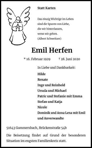 Anzeige von Emil Herfen von Kölner Stadt-Anzeiger / Kölnische Rundschau / Express