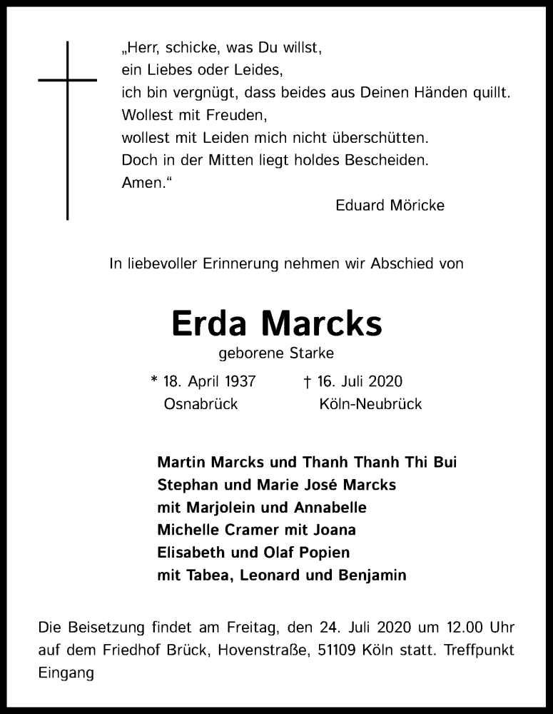  Traueranzeige für Erda Marcks vom 21.07.2020 aus Kölner Stadt-Anzeiger / Kölnische Rundschau / Express