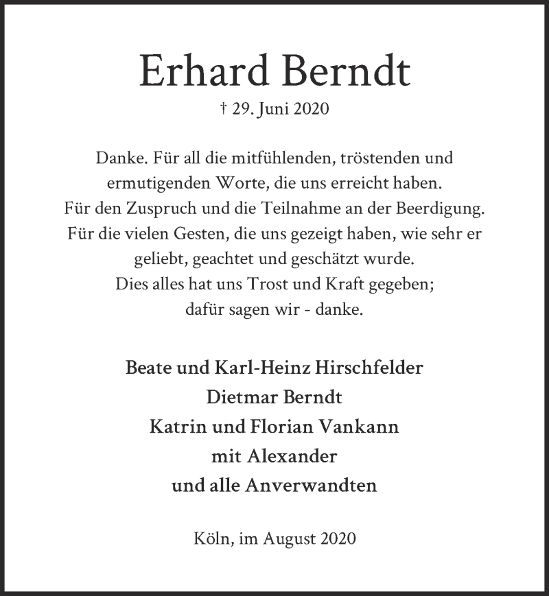  Traueranzeige für Erhard Berndt vom 31.07.2020 aus  Kölner Wochenspiegel 