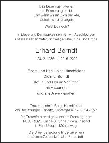 Anzeige von Erhard Berndt von  Kölner Wochenspiegel 