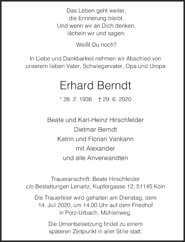  Traueranzeige für Erhard Berndt vom 10.07.2020 aus  Kölner Wochenspiegel 
