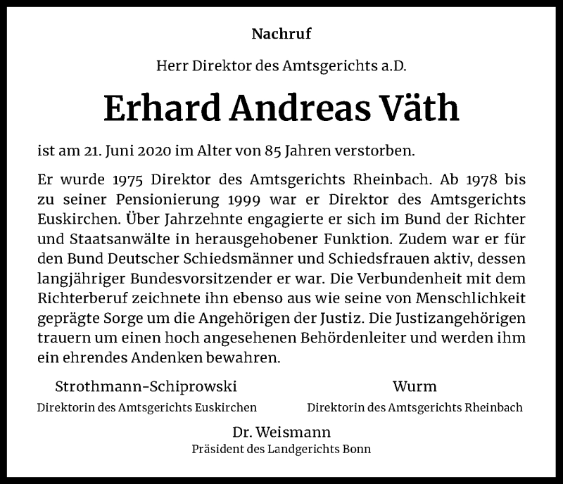  Traueranzeige für Erhard Andreas Väth vom 08.07.2020 aus Kölner Stadt-Anzeiger / Kölnische Rundschau / Express