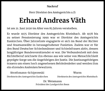 Anzeige von Erhard Andreas Väth von Kölner Stadt-Anzeiger / Kölnische Rundschau / Express