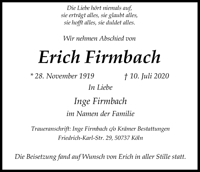  Traueranzeige für Erich Firmbach vom 18.07.2020 aus Kölner Stadt-Anzeiger / Kölnische Rundschau / Express