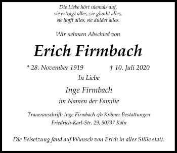 Anzeige von Erich Firmbach von Kölner Stadt-Anzeiger / Kölnische Rundschau / Express