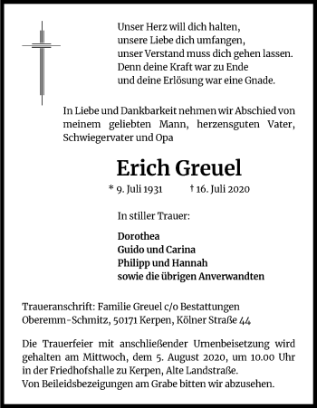 Anzeige von Erich Greuel von Kölner Stadt-Anzeiger / Kölnische Rundschau / Express