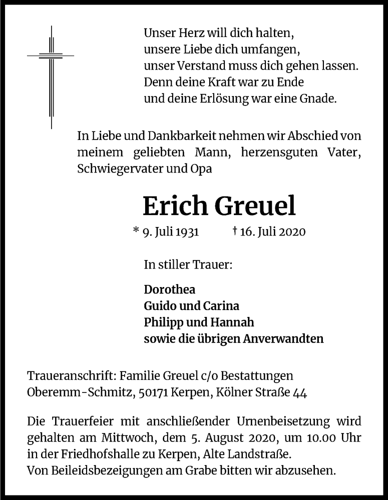  Traueranzeige für Erich Greuel vom 29.07.2020 aus Kölner Stadt-Anzeiger / Kölnische Rundschau / Express