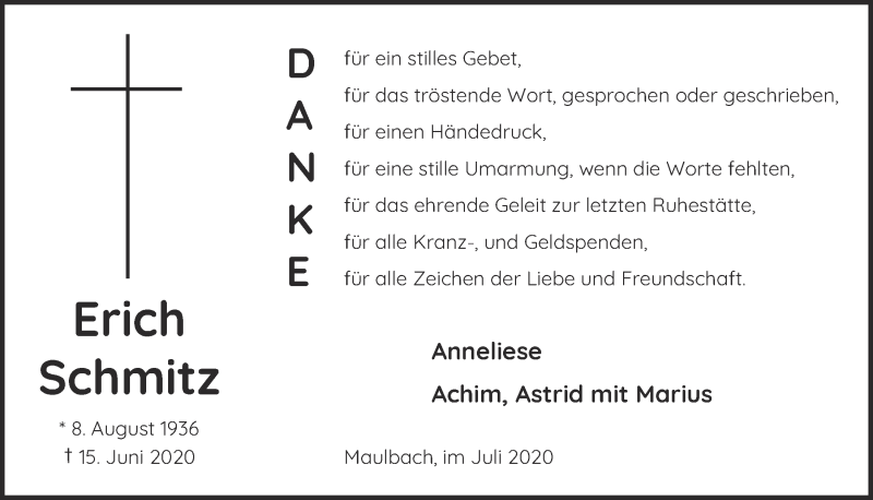  Traueranzeige für Erich Schmitz vom 18.07.2020 aus  Blickpunkt Euskirchen 