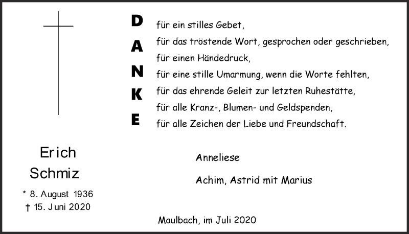  Traueranzeige für Erich Schmiz vom 11.07.2020 aus  Blickpunkt Euskirchen 