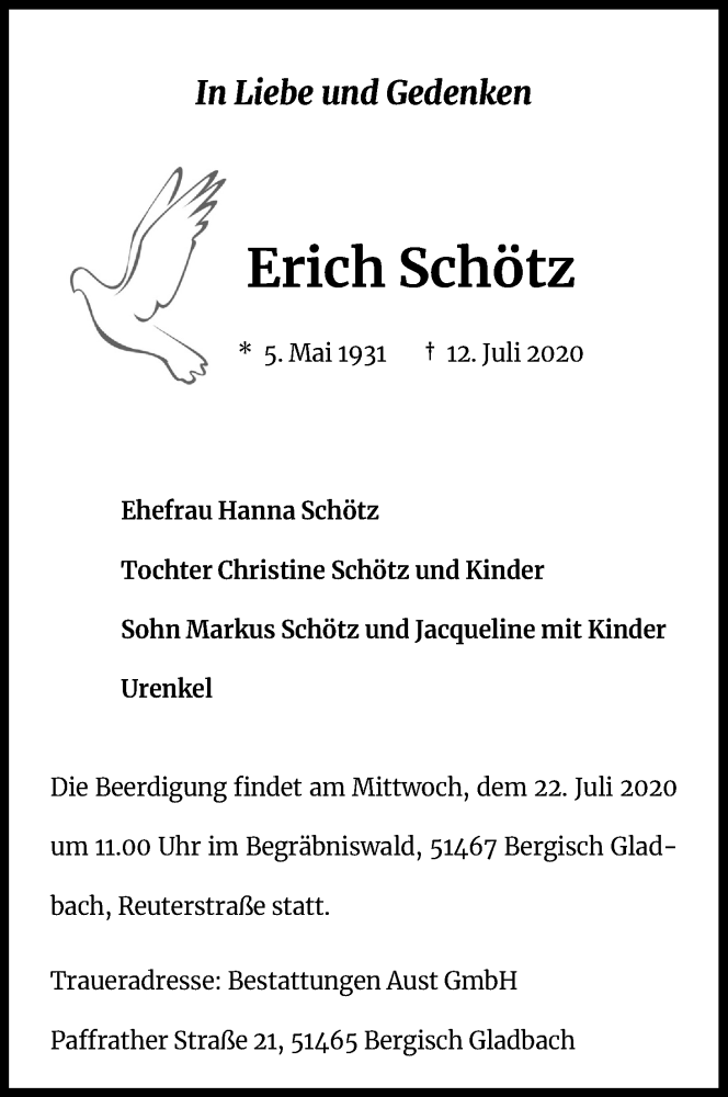  Traueranzeige für Erich Schötz vom 18.07.2020 aus Kölner Stadt-Anzeiger / Kölnische Rundschau / Express