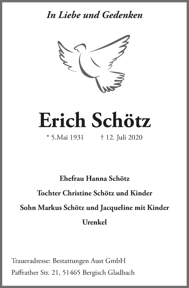  Traueranzeige für Erich Schötz vom 24.07.2020 aus  Bergisches Handelsblatt 