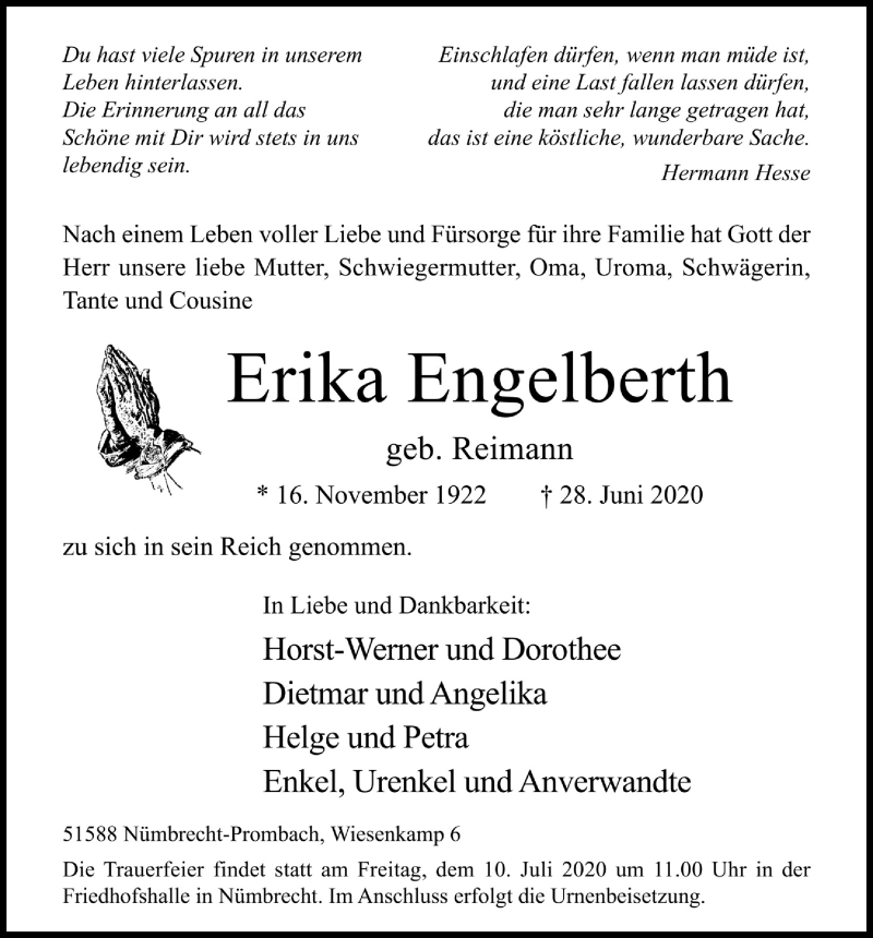  Traueranzeige für Erika Engelberth vom 03.07.2020 aus  Anzeigen Echo  Lokalanzeiger 