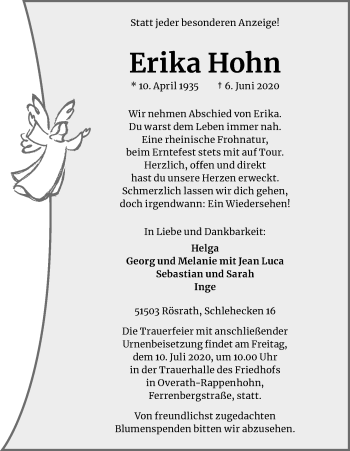 Anzeige von Erika Hohn von Kölner Stadt-Anzeiger / Kölnische Rundschau / Express