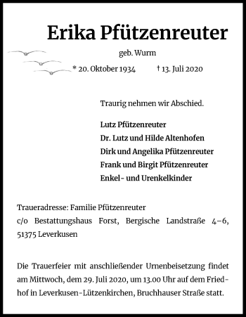 Anzeige von Erika Pfützenreuter von Kölner Stadt-Anzeiger / Kölnische Rundschau / Express