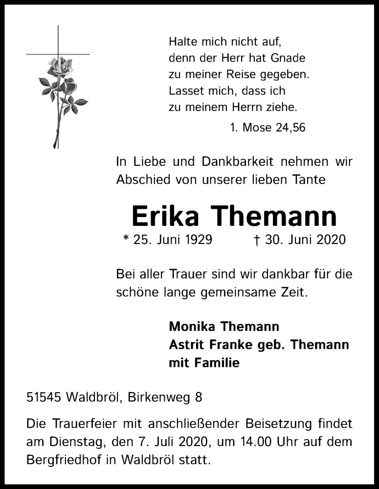  Traueranzeige für Erika Themann vom 03.07.2020 aus Kölner Stadt-Anzeiger / Kölnische Rundschau / Express