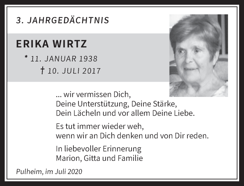  Traueranzeige für Erika Wirtz vom 10.07.2020 aus  Wochenende 