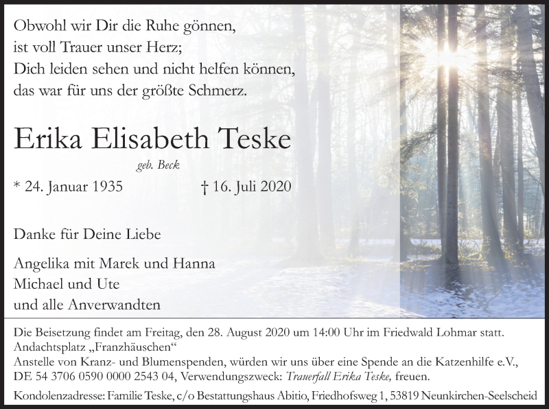  Traueranzeige für Erika Elisabeth Teske vom 25.07.2020 aus Kölner Stadt-Anzeiger / Kölnische Rundschau / Express