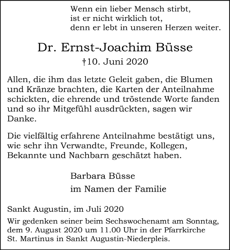  Traueranzeige für Ernst-Joachim Büsse vom 24.07.2020 aus  Extra Blatt 