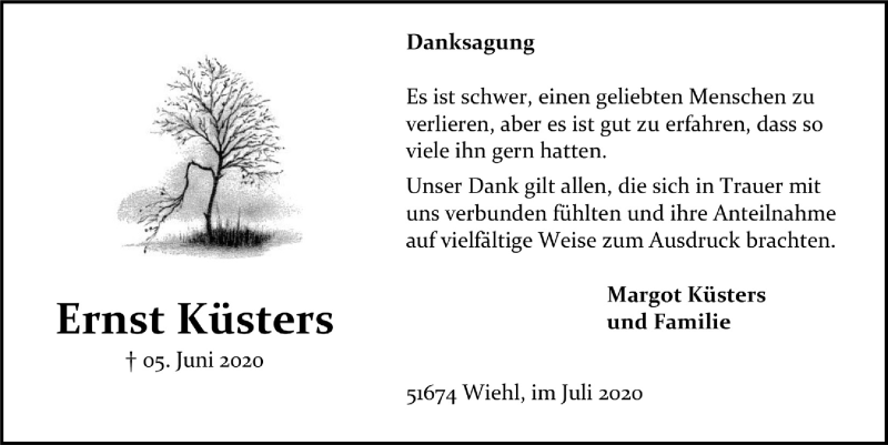  Traueranzeige für Ernst Küsters vom 17.07.2020 aus  Anzeigen Echo 