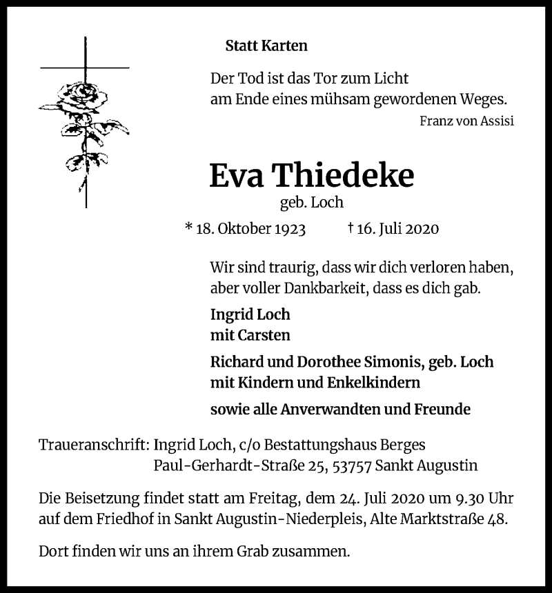  Traueranzeige für Eva Thiedeke vom 22.07.2020 aus Kölner Stadt-Anzeiger / Kölnische Rundschau / Express