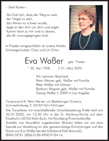 Anzeige von Eva Waßer von Kölner Stadt-Anzeiger / Kölnische Rundschau / Express