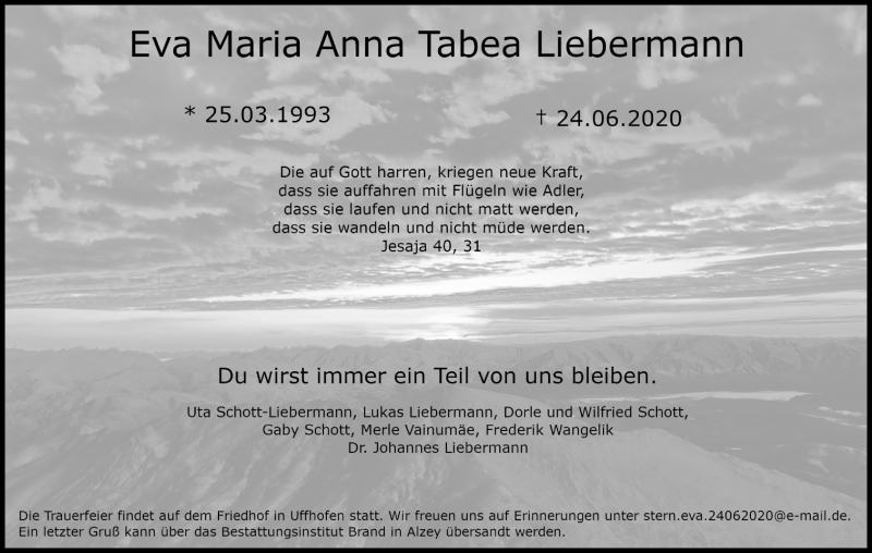  Traueranzeige für Eva Maria Anna Tabea Liebermann vom 04.07.2020 aus Kölner Stadt-Anzeiger / Kölnische Rundschau / Express