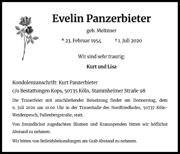 Anzeige von Evelin Panzerbieter von Kölner Stadt-Anzeiger / Kölnische Rundschau / Express