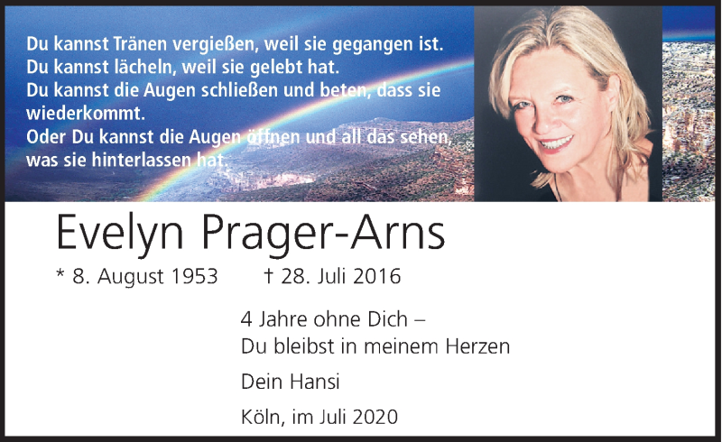  Traueranzeige für Evelyn Prager-Arns vom 25.07.2020 aus Kölner Stadt-Anzeiger / Kölnische Rundschau / Express